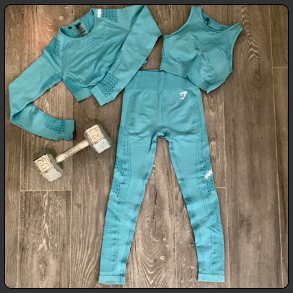 Gymshark Energy+ Seamless Leggings, Top, and Sportsbra Set- Blue Stone